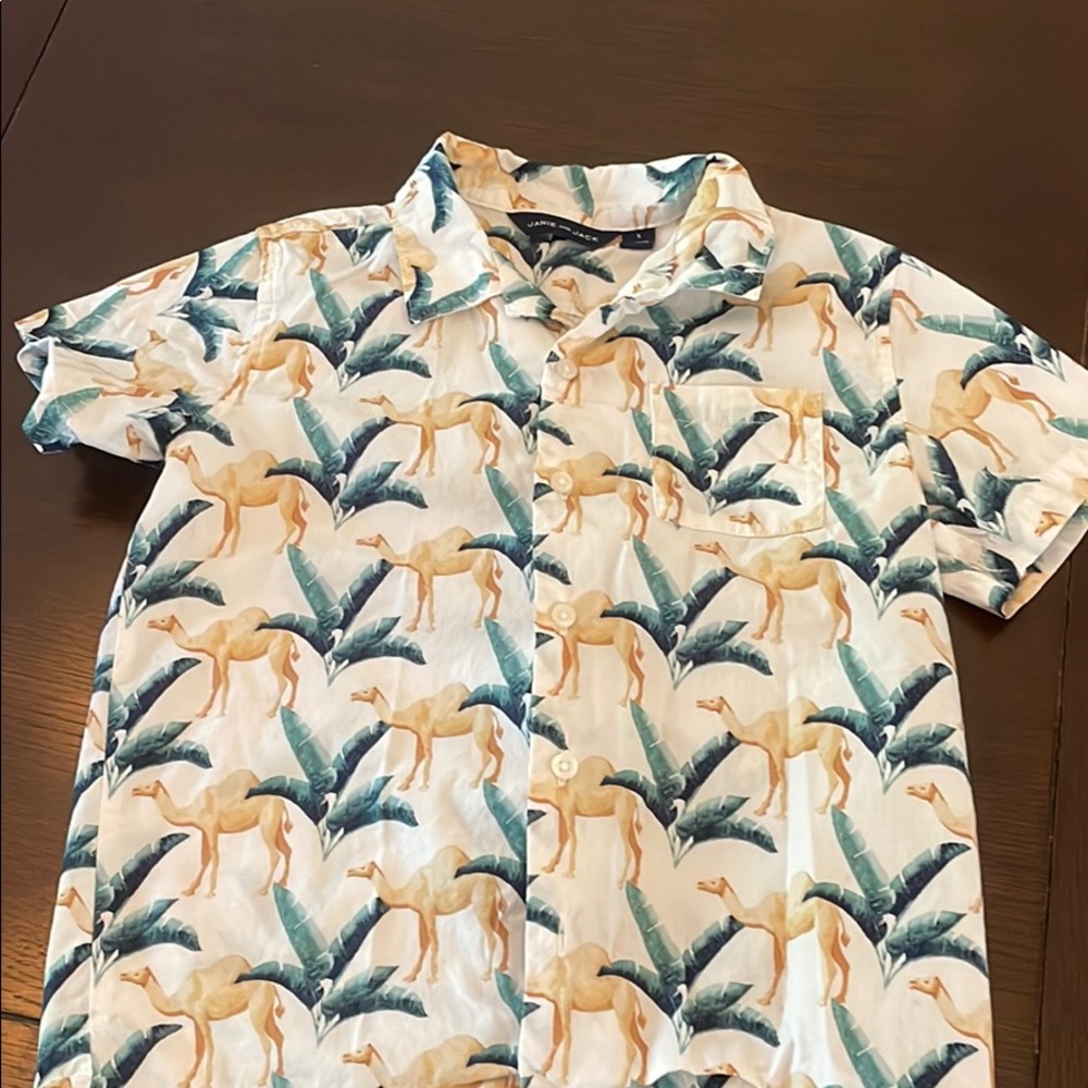 Short sleeve camel print button down